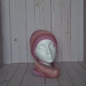 Hand crocheted beanie with a faux fur pom and cowl scarf set